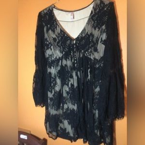 Black Lace over Tan under lining Dress with Bell Sleeves